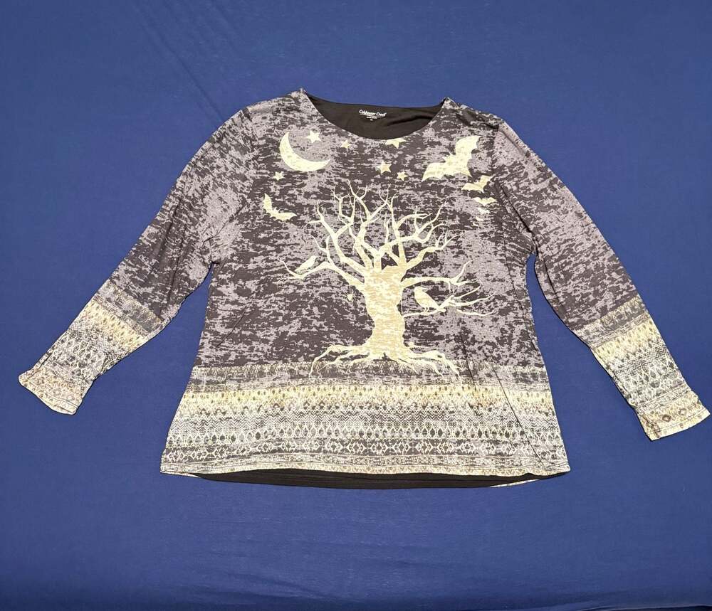 Coldwater Creek Long Sleeve Burnout Graphic Tree Moon Shirt XL Gothic Witchy